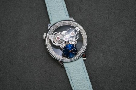 MB&F SP One Pavée diamond-set white gold watch with dark blue inclined dial