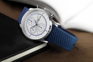 Matthew Mercury Dan W Automatic mechanical chronograph with white dial and blue rubber strap