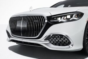 Mercedes-Maybach S-Class luxury sedan viewed from the front on a city street