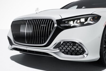 Mercedes-Maybach S-Class luxury sedan viewed from the front on a city street
