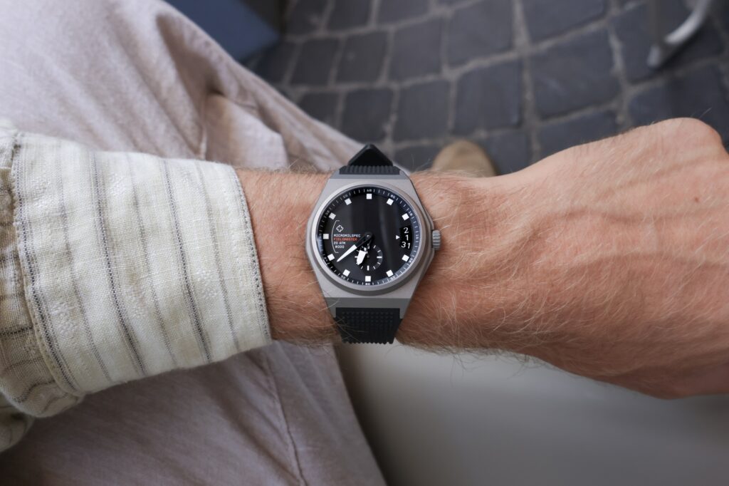 Micromilspec Fieldmaster titanium field watch with black dial and oversized luminous markers