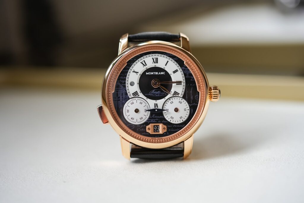 Montblanc Revisits the Birth of the Chronograph in Rose Gold Montblanc Star Legacy Nicolas Rieussec Chronograph Limited Edition 100 in rose gold with black dial and rotating chronograph discs