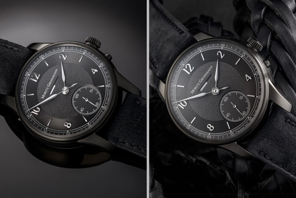 Moritz Grossmann Benu Power Reserve with anthracite sector dial and black kudu leather strap