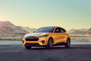 Ford Mustang Mach-E electric SUV parked on a road