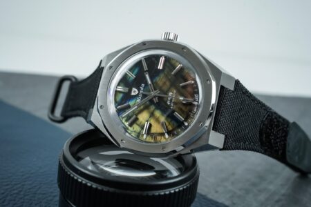 Nivada Grenchen Marks 100 Years With the F77 MKII Stone Dial Collection Nivada Grenchen F77 MKII 100 Years stone dial watch on integrated bracelet