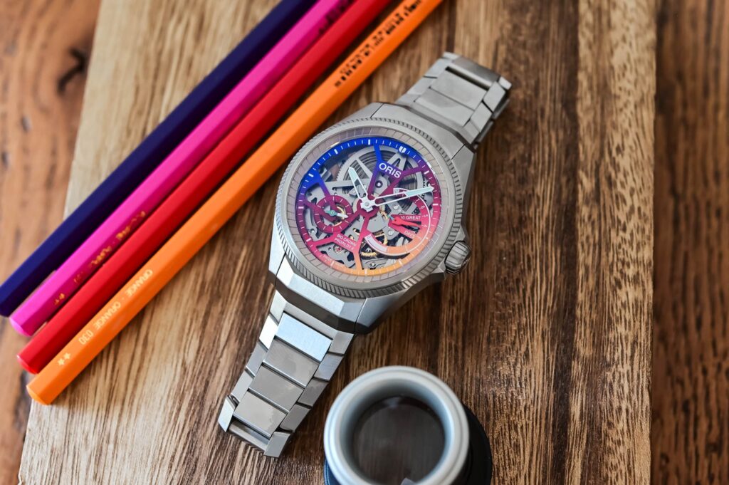 Oris Gives the ProPilot X a Gonzo Twist Oris ProPilot X Gonzo Edition titanium skeleton watch with colourful dial details