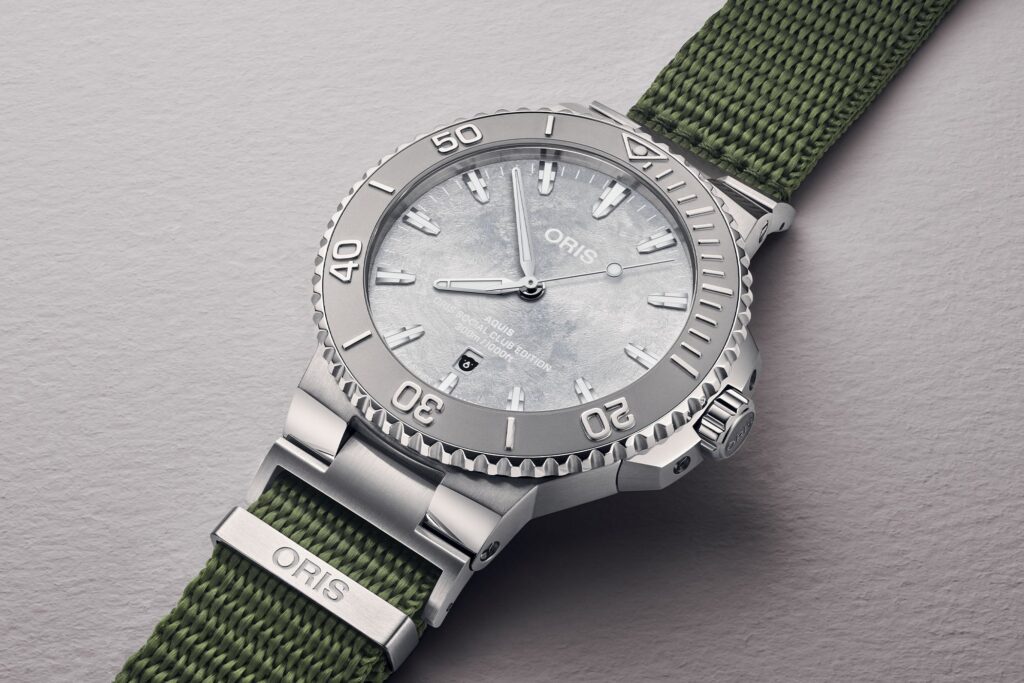 Oris Social Club Edition II Aquis Date Relief on olive green NATO strap