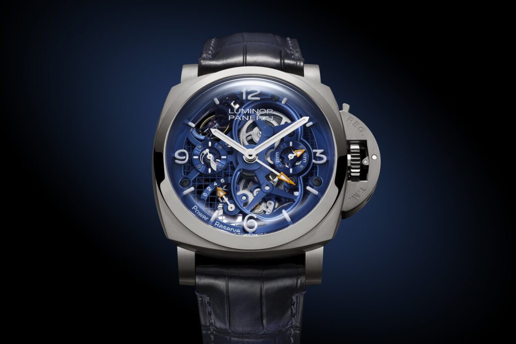 Panerai Luminor Tourbillon GMT Titanio PAM01784 with blue openworked dial