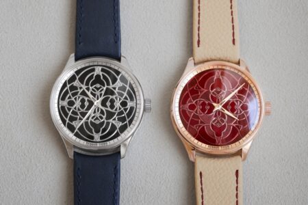 Renaud Tixier Monday Organica Black and Burgundy watches with grand feu enamel dials