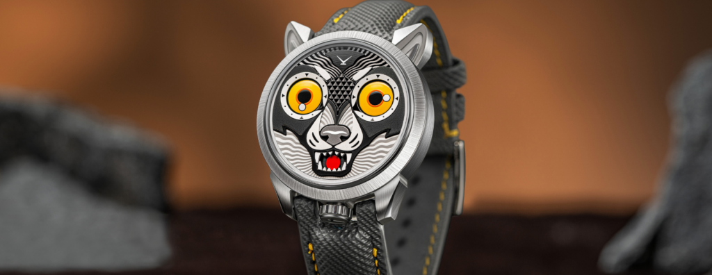 Konstantin Chaykin Hungry Wolf watch with wolf face dial and pointed upper lugs