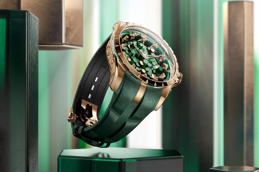 Roger Dubuis Gives Its Knights of the Round Table Merlin Watch a Green Finale Roger Dubuis Knights of the Round Table The Metamorph Merlin watch with green sculptural dial and pink gold case
