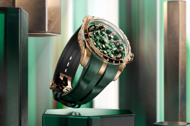 Roger Dubuis Gives Its Knights of the Round Table Merlin Watch a Green Finale Roger Dubuis Knights of the Round Table The Metamorph Merlin watch with green sculptural dial and pink gold case