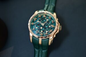 Roger Dubuis Knights of the Round Table Metamorph Merlin watch in pink gold with green sculptural dial and miniature knights