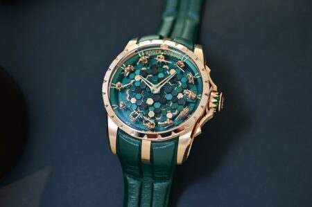 Roger Dubuis Knights of the Round Table Metamorph Merlin watch in pink gold with green sculptural dial and miniature knights