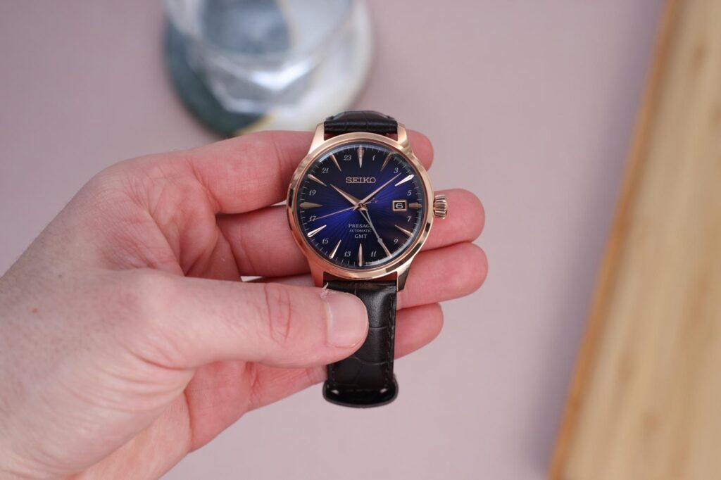 Seiko Presage Cocktail Time Corcovado and Daiquiri GMT watches with blue and white dials