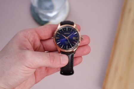 Seiko Presage Cocktail Time Corcovado and Daiquiri GMT watches with blue and white dials