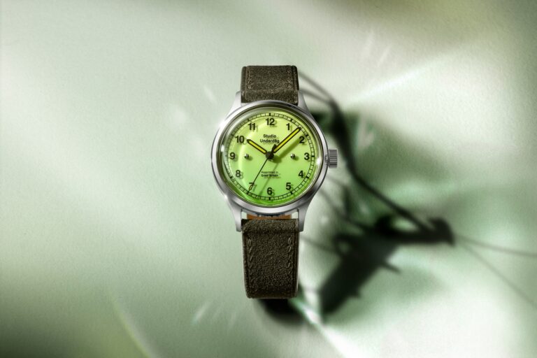 Studio Underd0g 02SERIES Mantis watch with green gradient dial and green suede strap