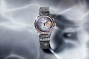 Studio Underd0g’s 03SERIES Chan3ad Brings a Gulf Fishing Story to the Monopusher Chronograph Studio Underd0g 03SERIES Chan3ad chronograph with blue grey dial and Eastern Arabic numerals