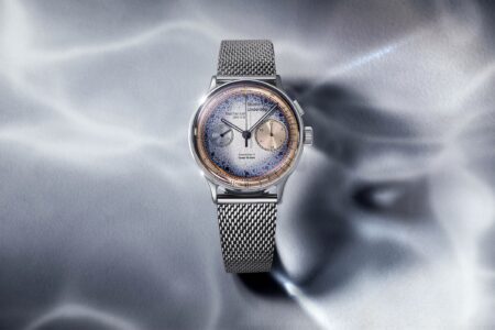 Studio Underd0g’s 03SERIES Chan3ad Brings a Gulf Fishing Story to the Monopusher Chronograph Studio Underd0g 03SERIES Chan3ad chronograph with blue grey dial and Eastern Arabic numerals