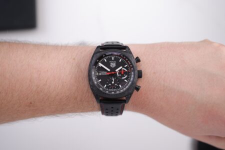 TAG Heuer Monza Flyback Chronograph 50th Anniversary Edition in forged carbon with black dial and red accents