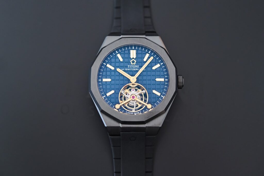 Titoni Luxe Tourbillon in black ceramic with deep blue dial and tourbillon at 6 o’clock