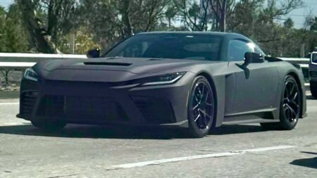 Matte black Toyota GR GT prototype testing on a California street