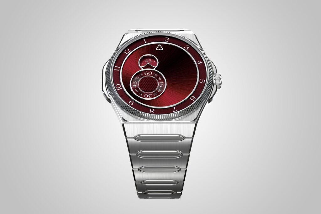 Trilobe Château Trente-Deux Adds a Wine-Dark Dial to Its Integrated Sports Watch Trilobe Château Trente-Deux watch with burgundy dial and integrated steel bracelet