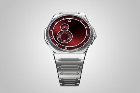 Trilobe Château Trente-Deux watch with burgundy dial and integrated steel bracelet