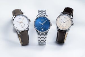 Union Glashütte Seris Small Second watches with blue, champagne and matte white dials