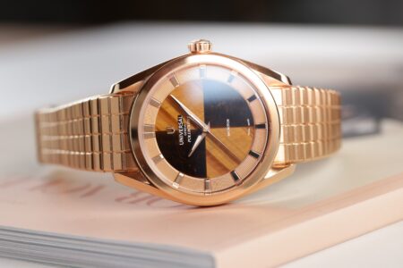 Universal Genève Polerouter Hardstone watch in rose gold with tiger’s eye dial