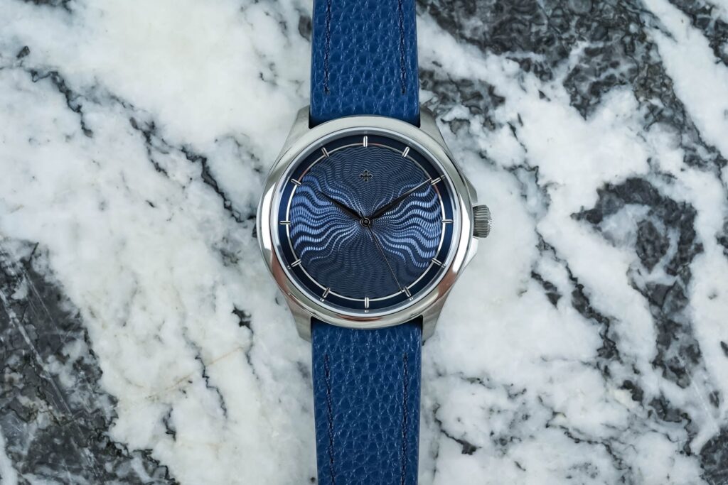 Venezianico Redentore Levius titanium watch with blue guilloché dial on leather strap