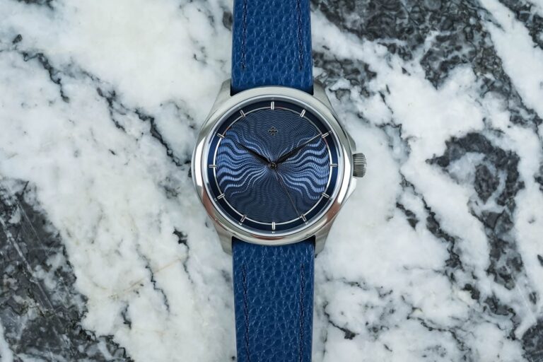 Venezianico Redentore Levius titanium watch with blue guilloché dial on leather strap
