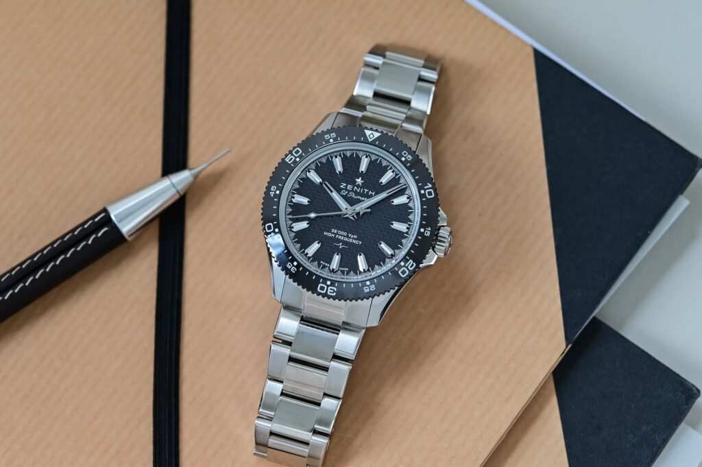 Zenith Chronomaster Solo Sport watches with ceramic patterned dials and steel bracelets