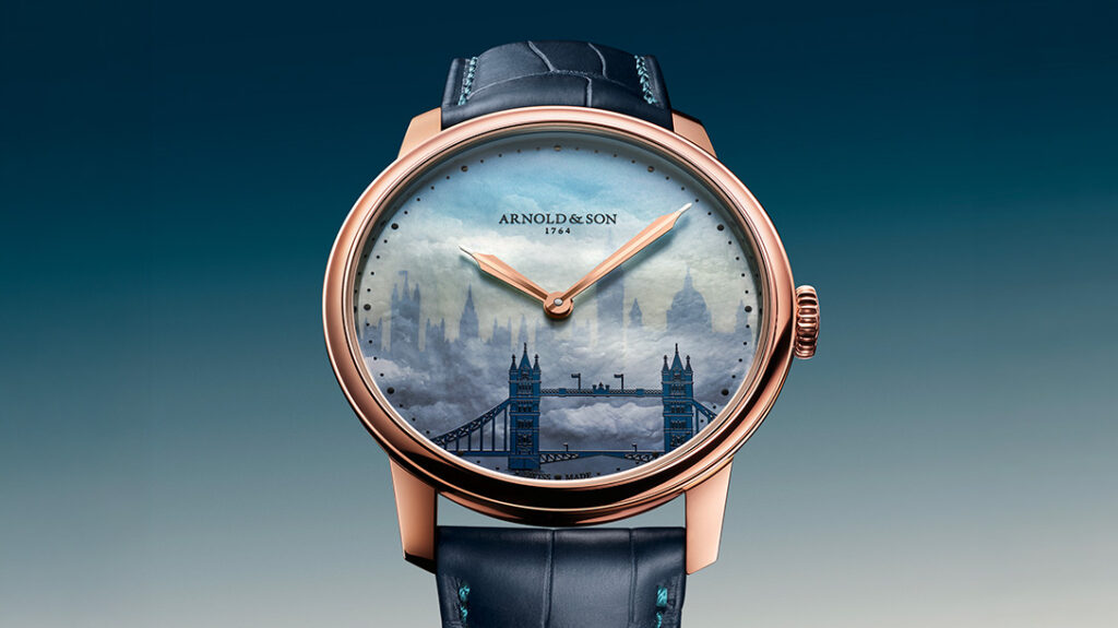 Arnold & Son HM London Skyline watch with blue mother-of-pearl London skyline dial