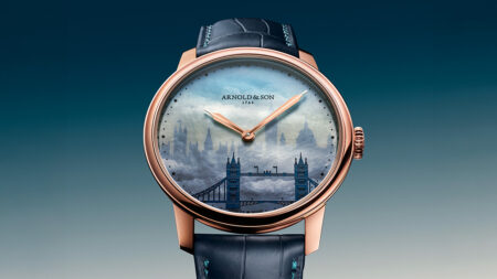 Arnold & Son HM London Skyline watch with blue mother-of-pearl London skyline dial
