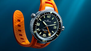Blancpain Fifty Fathoms Tech dive watch with black dial and orange rubber strap