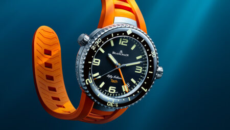 Blancpain Fifty Fathoms Tech dive watch with black dial and orange rubber strap