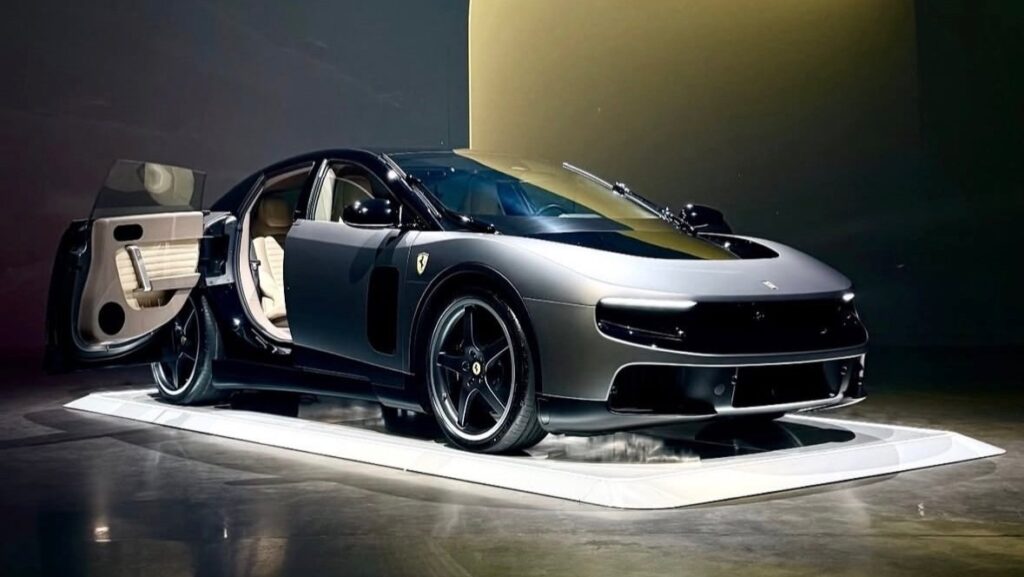Ferrari Luce EV in matte grey with black wheels at Ferrari Quebec