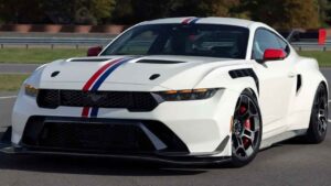 Ford Mustang GTD Spirit of America livery in Performance White with red and blue stripes
