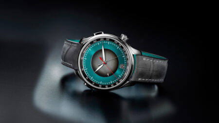 H. Moser & Cie Makes Travel Time Feel Effortless With the Endeavour Flyback Chronograph Dual Time Date H. Moser & Cie Endeavour Flyback Chronograph Dual Time Date with turquoise dial and grey leather strap