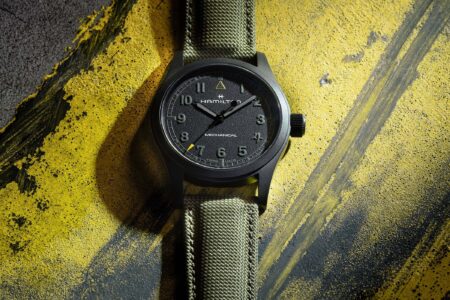 Hamilton’s Khaki Field Mechanical Gets a Captain Price Makeover Hamilton Khaki Field Mechanical 38mm x Call of Duty Modern Warfare 4 with black PVD case and khaki textile strap