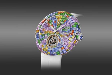 Jacob & Co. Puts a Diamond-Set Balance Wheel Inside the Brilliant Flying Tourbillon Jacob & Co. Brilliant Flying Tourbillon Baguette Pastel Arlequino with pastel sapphires and diamond-set balance wheel