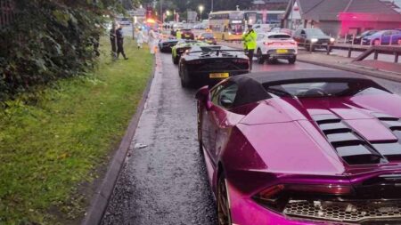 Five Lamborghinis and a Mercedes G-Wagon Seized After M66 Driving Complaints Lamborghini supercars and a Mercedes-Benz G-Wagon stopped by police on a motorway at night