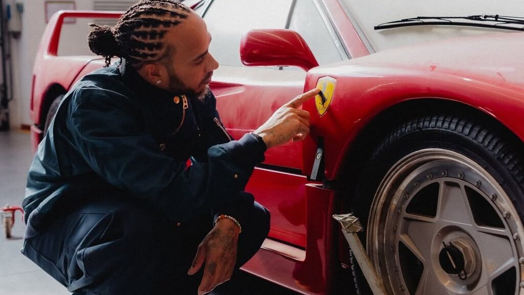 Lewis Hamilton Adds a Factory-Restored Ferrari F40 to His Collection Lewis Hamilton Ferrari F40 restored at Ferrari factory in Maranello