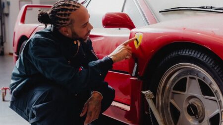 Lewis Hamilton Adds a Factory-Restored Ferrari F40 to His Collection Lewis Hamilton Ferrari F40 restored at Ferrari factory in Maranello