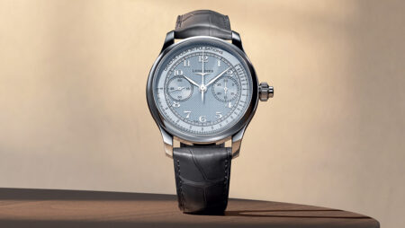 Longines Master Collection Chrono Monopusher watch with textured dial and leather strap