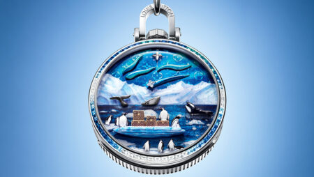 Louis Vuitton Turns the Alaskan Night Into a Mechanical Pocket Watch Louis Vuitton Escale en Alaska pocket watch with Northern Lights enamel scene and animated polar animals