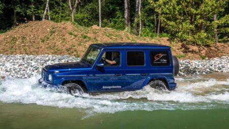Mercedes Imagines an Electric G-Class That Could Float Across Water Mercedes-Benz G 580 electric G-Class imagined crossing water with flotation technology
