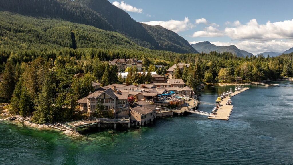 Sonora Resort on the waterfront of Sonora Island in British Columbia surrounded by forest and coastal mountains
