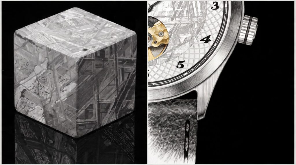 Tektora-inspired compact meteorite open-heart watch concept with guilloché chapter ring and syringe hands